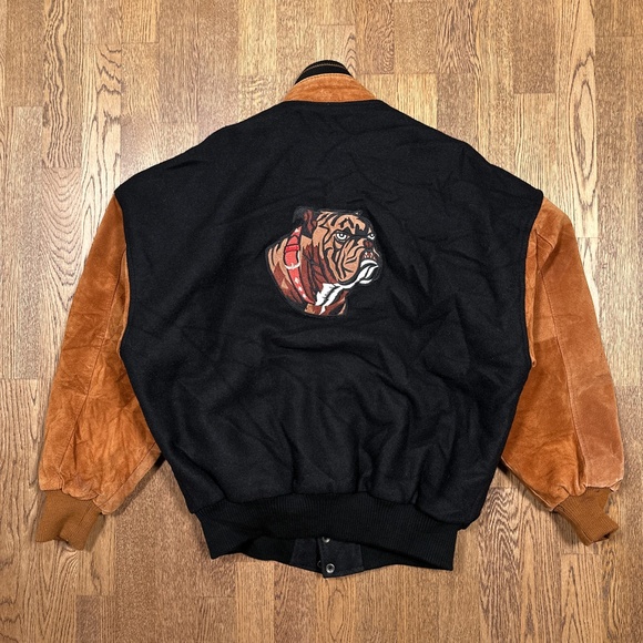 Vintage 90s Mack Truck Embroidered Bulldog Dog Wool Suede Leather Jacket Mens XL - Picture 2 of 11
